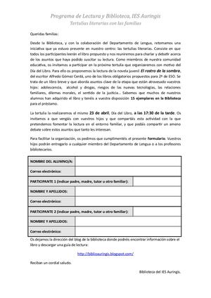 Carta Familias Tertulia Literaria