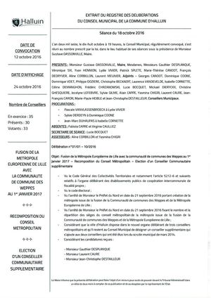 Délibérations 18 Octobre 2016 Cm Extraordinaire