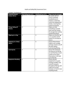 Health And Safety Risk Assesment Form