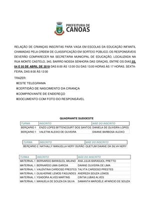 Relação de Crianças chamadas  para matrícula na Educação Infantil - 02-4-2019