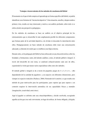 Ventajas E Inconvenientes De Los Métodos De Enseñanza Del Futbol