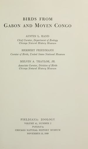 Birds from Gabon and Moyen-Congo. Par Rand. 1959