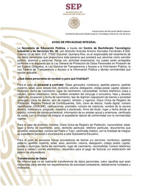 Aviso De Privacidad Integral Plantel Cbtis 28
