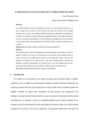 La Importancia De La Correcta Enseñanza De La Variedad Estándar Del Español