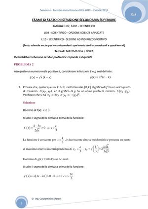 Testo E Soluzione Simulazione Maturità Scientifica 2019 2 Febbraio 2019 Problema 2