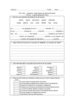 Actividad Sobre Minerales Y Rocas