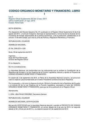 Codigo Organico Monetario Financiero 21 Ago 18