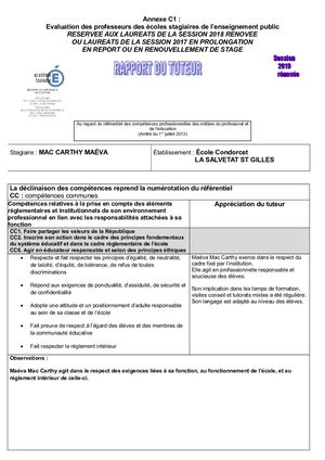 Mac Carthy Maéva Rapport Du Tuteur Public Professeurs Des Écoles Session 2019 Rénovée Signé