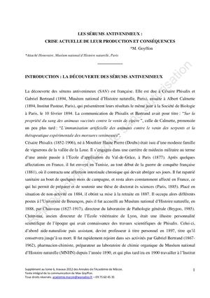 Les sérums antivénimeux. Crise actuelle de leur production et conséquences