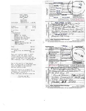 USPS Reg. Mail of "Third Notification Affidavit of Acceptance for Value" sent on 04-15-2019 to Dupaco.