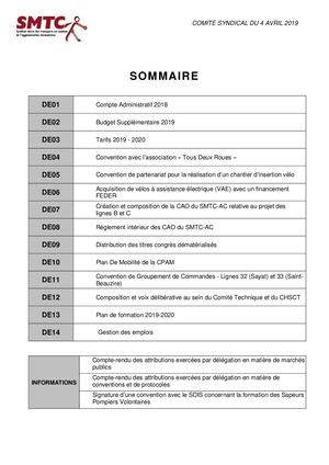 Délibérations Du Comité Syndical Du 4 Avril 2019