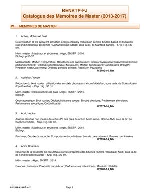 Catalogue Des Mémoires De Master Benstp Fj 2013 2017