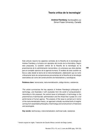 Dialnet Teoria Critica De La Tecnologia 2358086