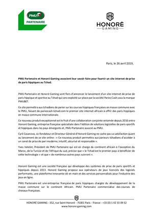 Communiqué de Presse :  PMUP-Honoré Gaming-Tchad
