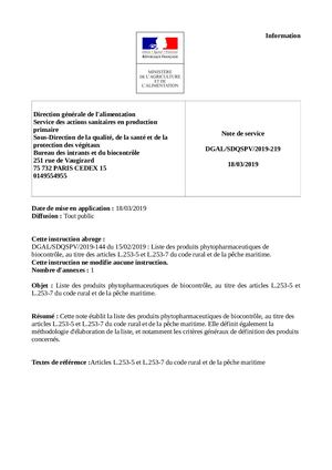 Liste des porduits de biocontrôle autorisés en France du 18 mars 2019