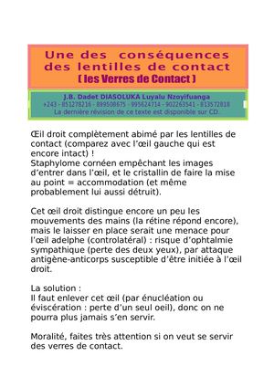 Une Conséquence Fâcheuse Des Lentilles De Contact (Verres De Contact)