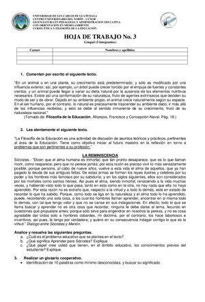 Hoja de Trabajo para analizar la Filosofía de la Educación