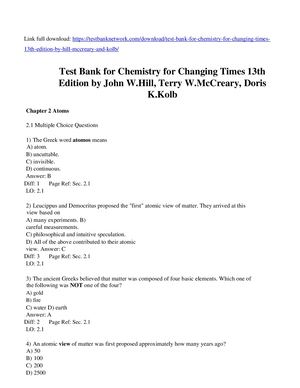Test Bank For Chemistry For Changing Times 13th Edition By Hill Mc Creary And Kolb