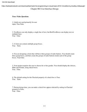 Test Bank For Programming In Visual Basic 2010 1st Edition By Bradley Millspaugh