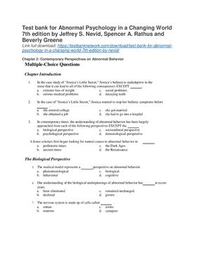 Test Bank For Abnormal Psychology In A Changing World 7th Edition By Nevid Rathus And Greene