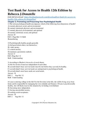 Test Bank For Access To Health 12th Edition By Donatellen
