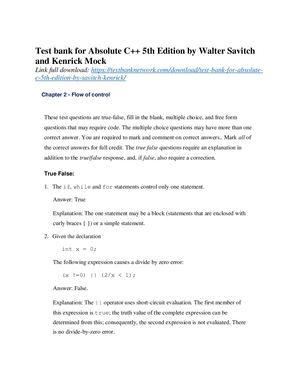 Test Bank For Absolute C++ 5th Edition By Savitch Kenrick