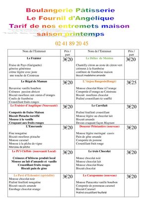 Carte des entremets de Printemps