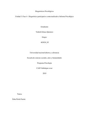 Fase 4 Diagnóstico Participativo Contextualizado E Informe Psicológico Yulieth Gomez