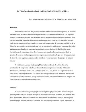 La Filosofía Aristotélica Desde La Realidad Del Joven Actual