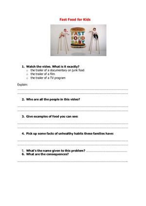 Fast Food For Kids Worksheet