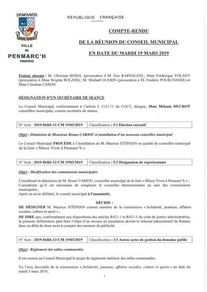Compte Rendu Du Conseil Municipal - 19 Mars 2019