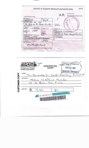 Statutory Declaration for Tasret Swakhat Hatap Kairi El mailed to The Office of The Prime Minister of Trinidad and Tobago