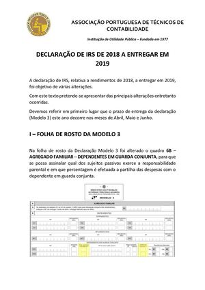 Declaração De Irs De 2018 A Entregar Em 2019
