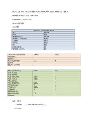 FICHA DE ANOTACIÓN TEST DE VALORACIÓN DE LA APTITUD FÍSICA