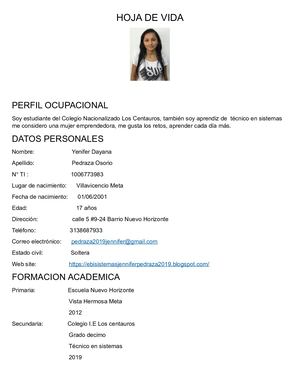 Hoja De Vida Yenniferpedraza