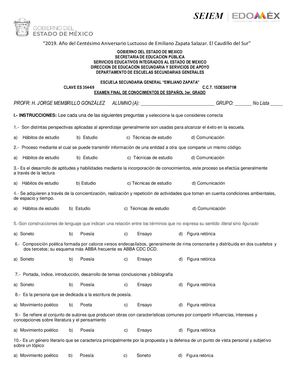 Examen Final Español Tercer Grado 2019