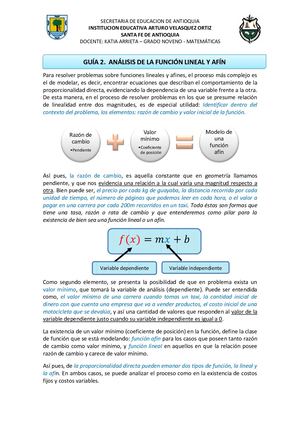 Guía De Funcion Lineal Y Razon De Cambio