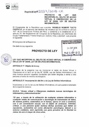PROYECTO DE LEY QUE INCORPORA EL DELITO DE ACOSO VIRTUAL O CIBERACOSO