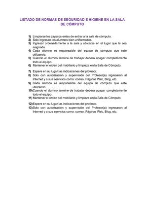 Listado De Normas De Seguridad E Higiene En La Sala De Cómputo