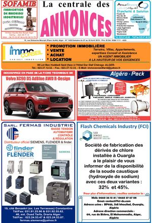La Centrale des Annonces  N° 1428 Semaine du 07 au 20 Avril 2019 - Prix 25 DA. ISSN 1111 - 4223