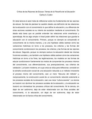 Crítica De Las Razones De Educar Carlos A Cullen