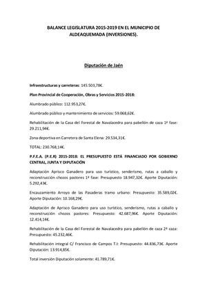 Balance Legislatura 2015 2019 Aldeaquemada (Inversiones)