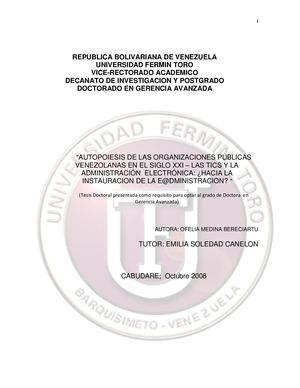 “AUTOPOIESIS DE LAS ORGANIZACIONES PUBLICAS VENEZOLANAS EN EL SIGLO XXI – LAS TICS Y LA ADMINISTRACIÓN ELECTRÓNICA: ¿HACIA LA INSTAURACIÓN DE LA E@DMINISTRACION? "