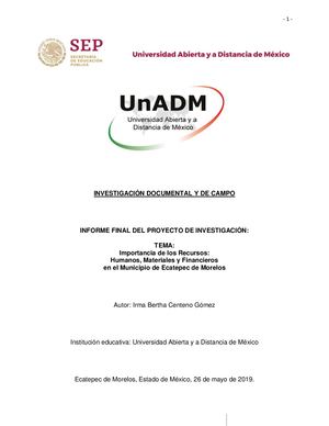 Informe Final - TEMA: Importancia de los Recursos: Humanos, Materiales y Financieros en el Municipio de Ecatepec de Morelos