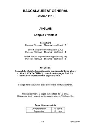 Amérique Bac LV2 Anglais 2019