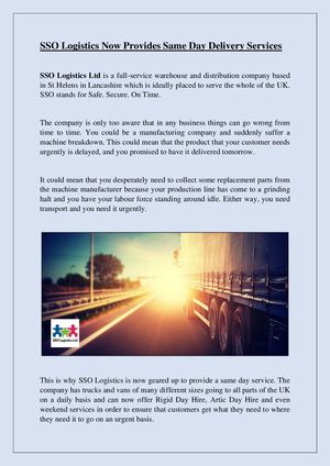 SSO Logistics Now Provides Same Day Delivery Services