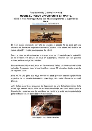 Muere El Robot Opportunity En Marte Paula Moreno Correa Nº16 6ºb