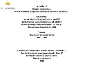Actividad 8 Riesgos Psicosociales - Cuadro Sioctico El Origen De Patologias Derivadas Del Estres