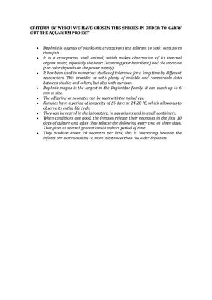 CRITERIA BY WHICH WE HAVE CHOSEN THIS SPECIES IN ORDER TO CARRY OUT THE AQUARIUM PROJECT