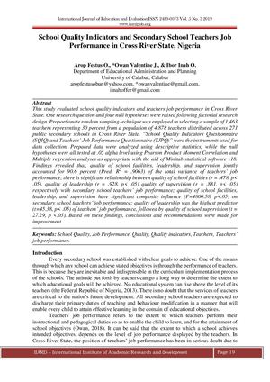 School Quality Indicators And Secondary School Teachers Job Performance In Cross River State, Nigeria